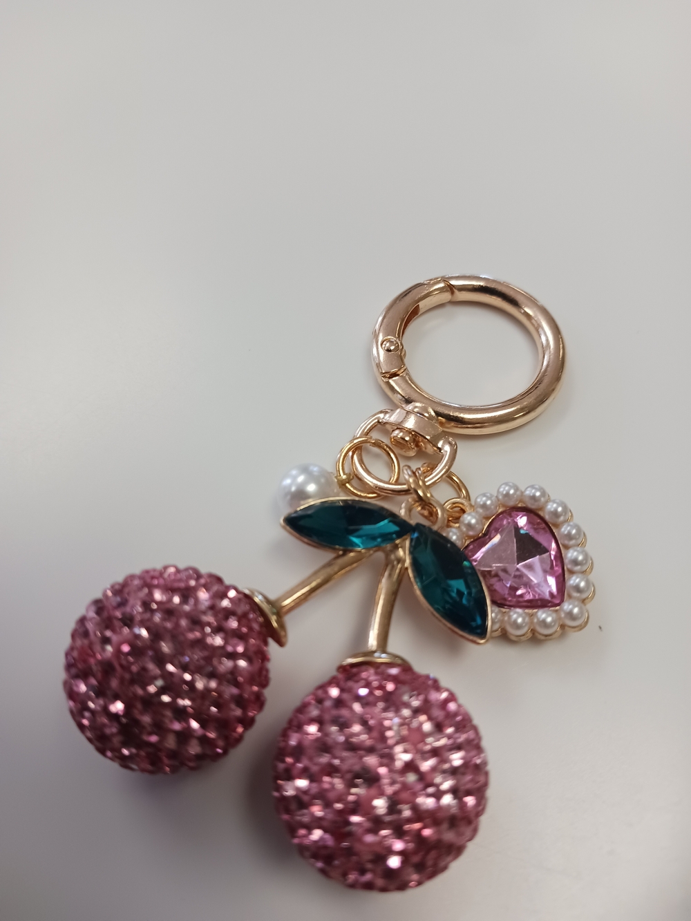 Pink Cherry Keychain with Heart Charm - Picture 4 of 10